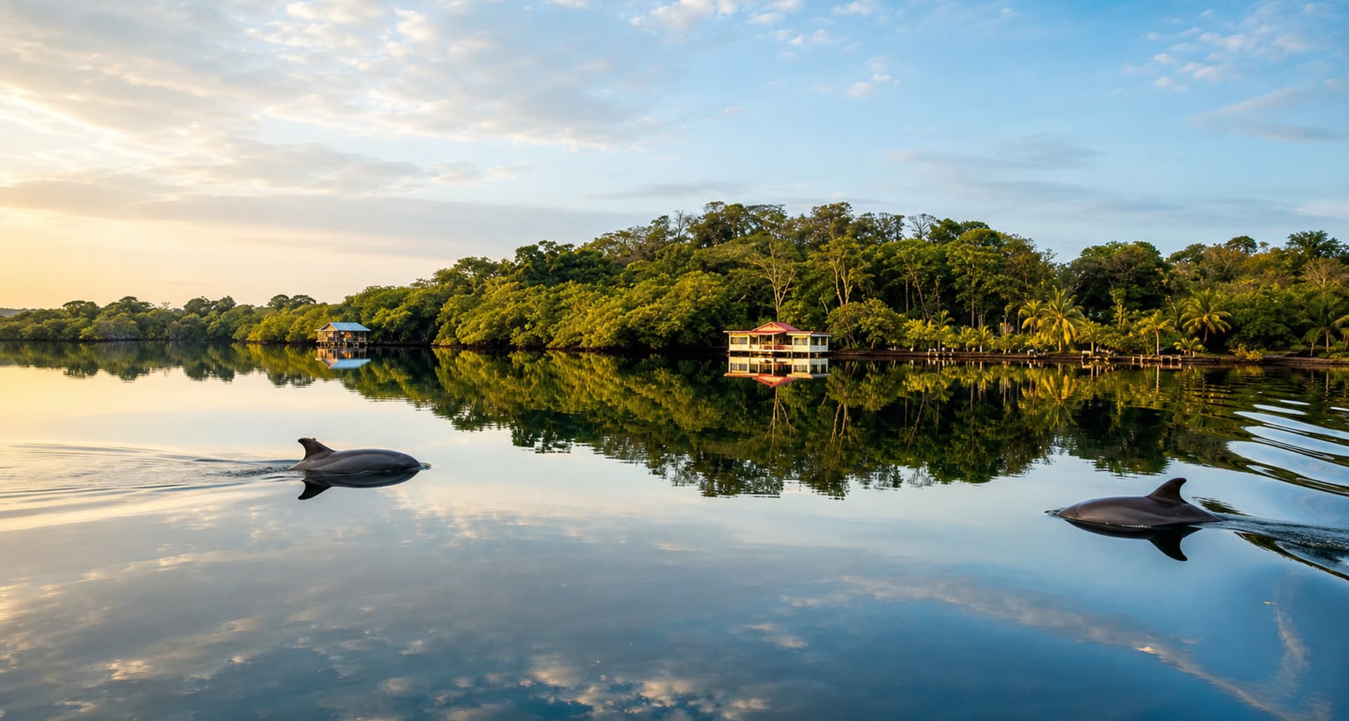 Arriving at Dolphin Blue Paradise eco-resort by boat over calm waters in Bocas del Toro, Panama