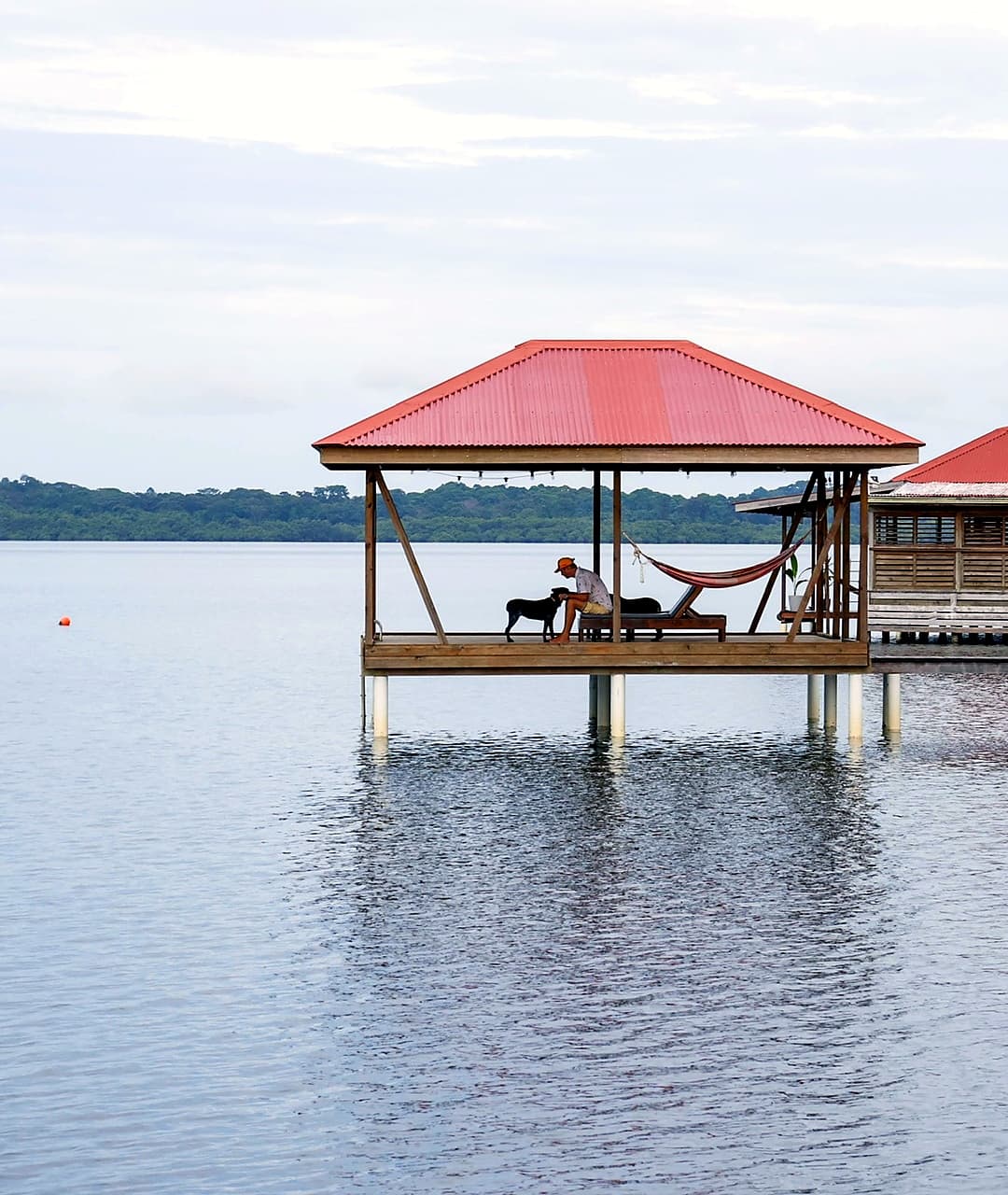 Overwater gazebo and structures on swim platform at Dolphin Blue Paradise, Bocas del Toro - relaxing over Dolphin Bay